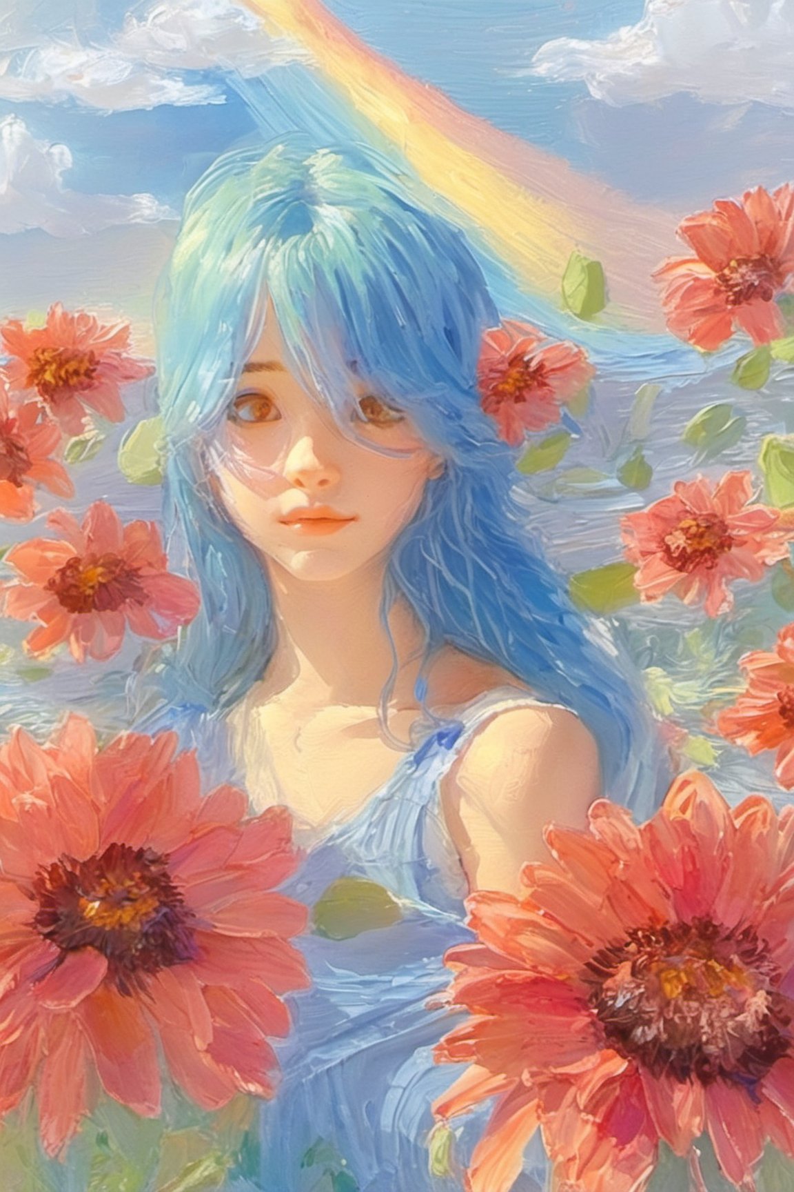 (Animation style:1.5),(1girl:1.3),solo,loli,long_hair,artistic oil painting stick,rough,(uneven),(embossment:1.2),light_blue_hair,portrait,(flower:0.3)