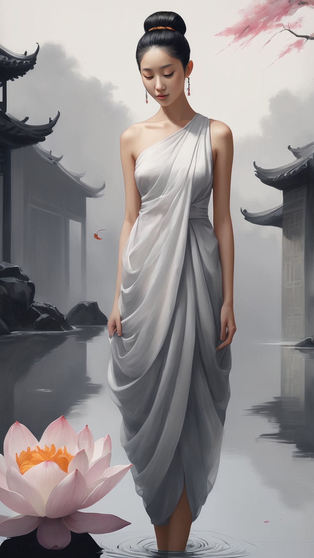 ((best quality)), ((masterpiece)), (detailed), (realistic),NYFlowerGirl, 1girl, black hair, flower, dress, solo, white dress, hair bun, single hair bun, reflection, closed eyes, water, dark-skinned female, dark skin, standing, collarbone, sleeveless, bare shoulders, facing viewer, grey background, sleeveless dress,chinese ink drawing,Leonardo Style