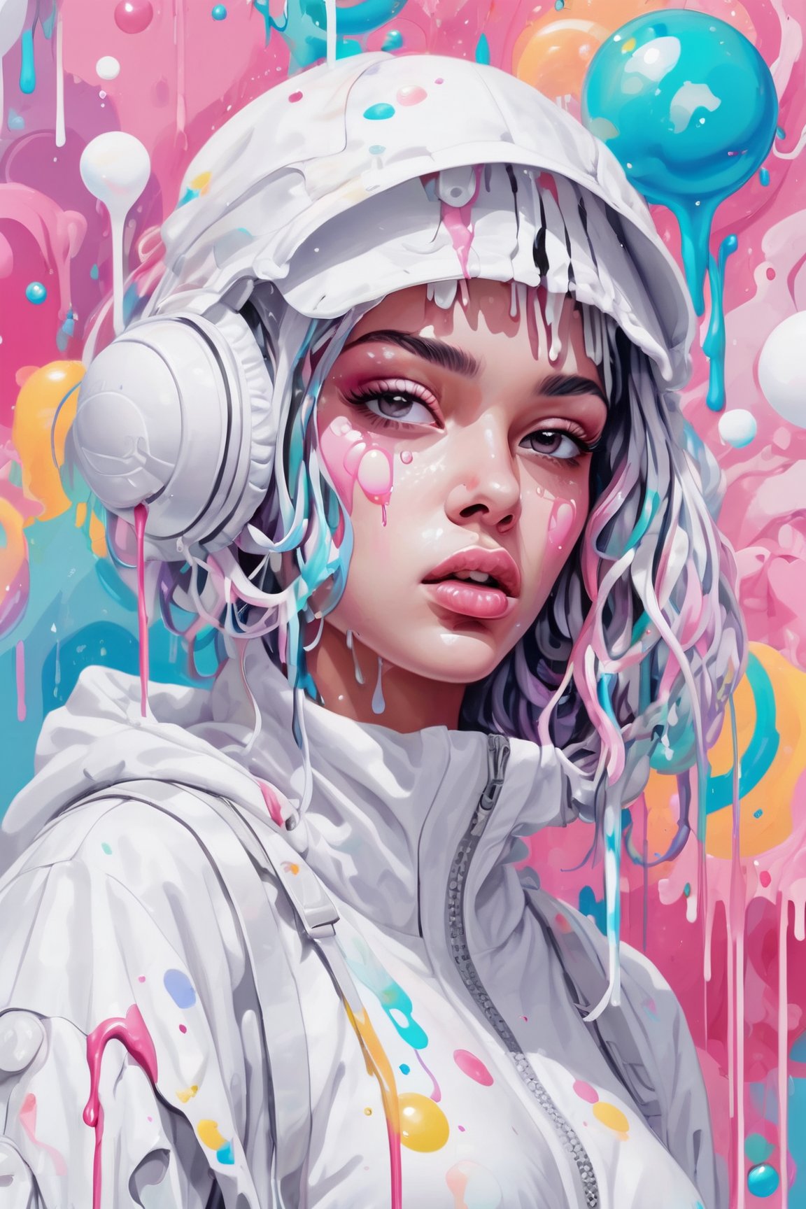 dripping paint,abstract,gouche,white,totally white,pastel colors,(bubble drip)1girl with techwear clothes,sexy,circular shapes on background,melt,vaporwave style,