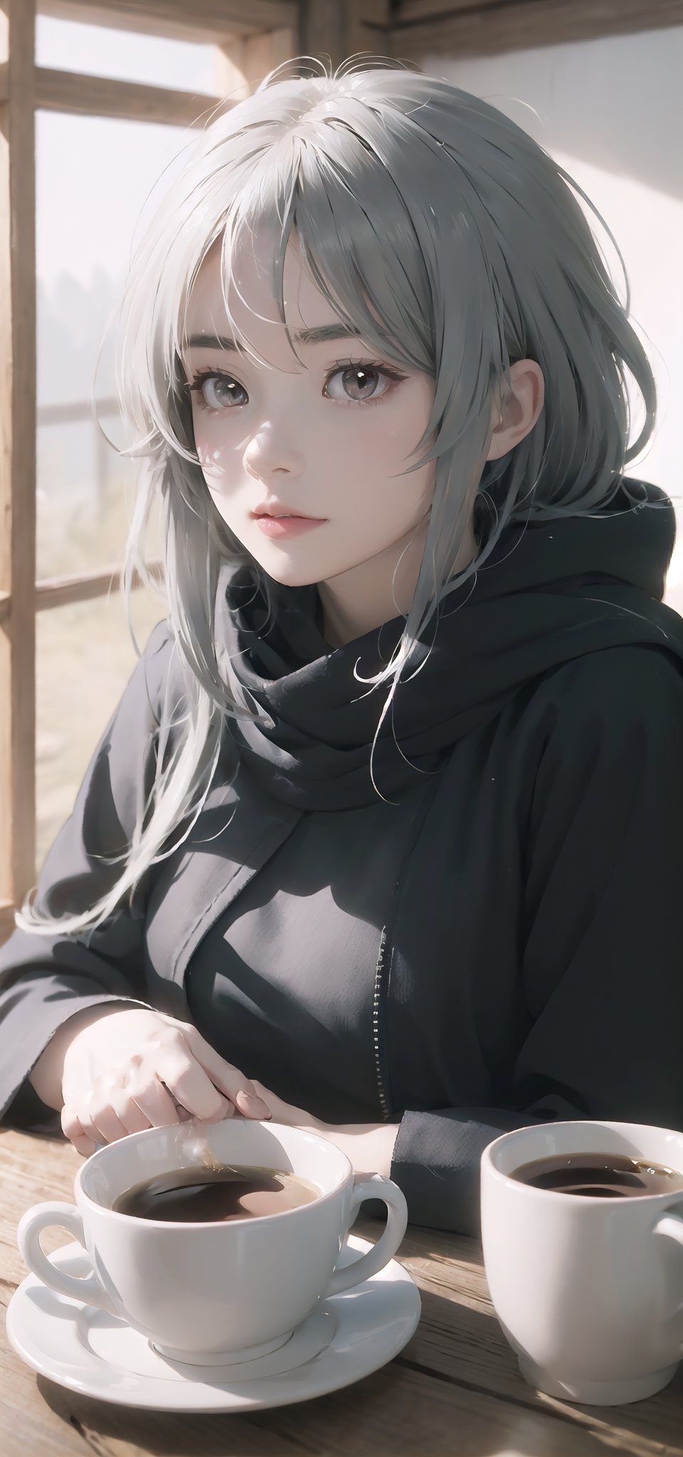 amiya(arknights), 1girl,8k wallpaper,extremely detailed figure, amazing beauty, detailed characters, {detailed background},aestheticism, sitting, winter, coffee shop, corner, coat, scarf, large breasts, gray hair, red eyes, emotionless, obedient, obedient, thick eyebrows, small nose, full lips, long eyelashes, delicate neck, slender shoulders, bare arms, delicate hands, long fingers, pointed nails, high cheekbones, oval face, smooth skin, rosy cheeks, cup of coffee, saucer, steam, warm, cozy, comfortable, relaxed, calm, quiet, peaceful, serene, contemplative, close-up, best quality, amazing quality, very aesthetic, absurdres