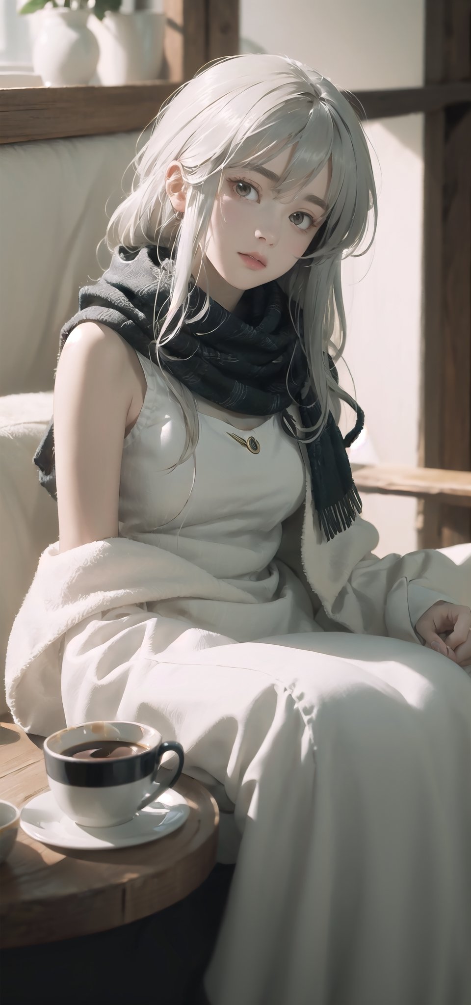 amiya(arknights), 1girl,8k wallpaper,extremely detailed figure, amazing beauty, detailed characters, {detailed background},aestheticism, sitting, winter, coffee shop, corner, coat, scarf, large breasts, gray hair, red eyes, emotionless, obedient, obedient, thick eyebrows, small nose, full lips, long eyelashes, delicate neck, slender shoulders, bare arms, delicate hands, long fingers, pointed nails, high cheekbones, oval face, smooth skin, rosy cheeks, cup of coffee, saucer, steam, warm, cozy, comfortable, relaxed, calm, quiet, peaceful, serene, contemplative, close-up, best quality, amazing quality, very aesthetic, absurdres, Christmas dresses 