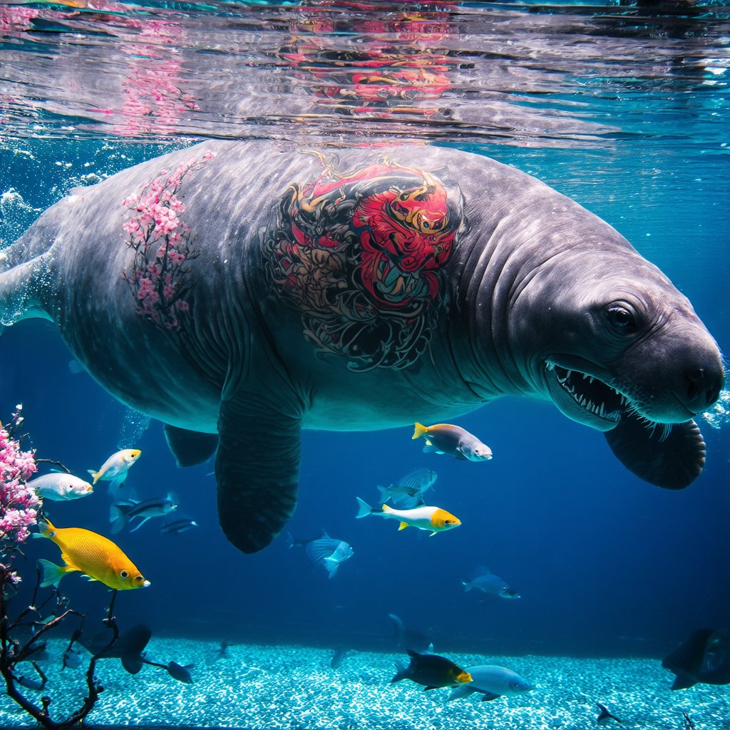 A large manatee floats gracefully in a spacious aquarium tank. Its grey skin is adorned with intricate Japanese-style tattoos. On its back, a fierce oni (Japanese demon) mask is inked in bold red and black, with golden accents highlighting its horns and teeth. Delicate pink cherry blosssom branches with drooping flowers stretch across the manatee's sides, creating a beautiful contrast to the oni. The tattoos appear to shimmer and move with the manatee's skin as it swims. Crystal-clear water surrounds the creature, with small bubbles rising. Soft blue lighting illuminates the tank, enhancing the tattoos' colors. Other fish dart around the manatee, some pausing to investigate the unusual sight. Aquarium