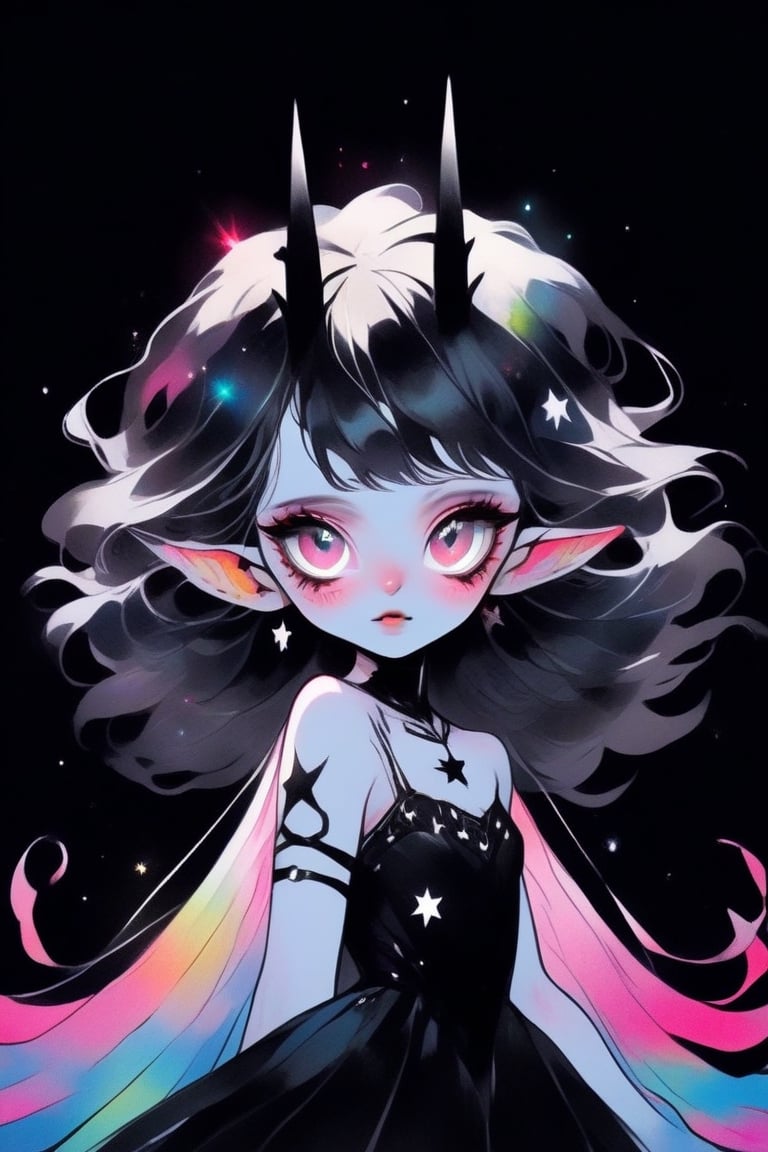 sketch, gouache,beautiful woman star of colors, fantastic, floting, gradient black background, (masterpiece, best quality, niji style), niji6, watwrcolor, dal,cute comic, big_eyes, naked bandage,naked bandage, claw pose,chibi,Decora_SWstyle