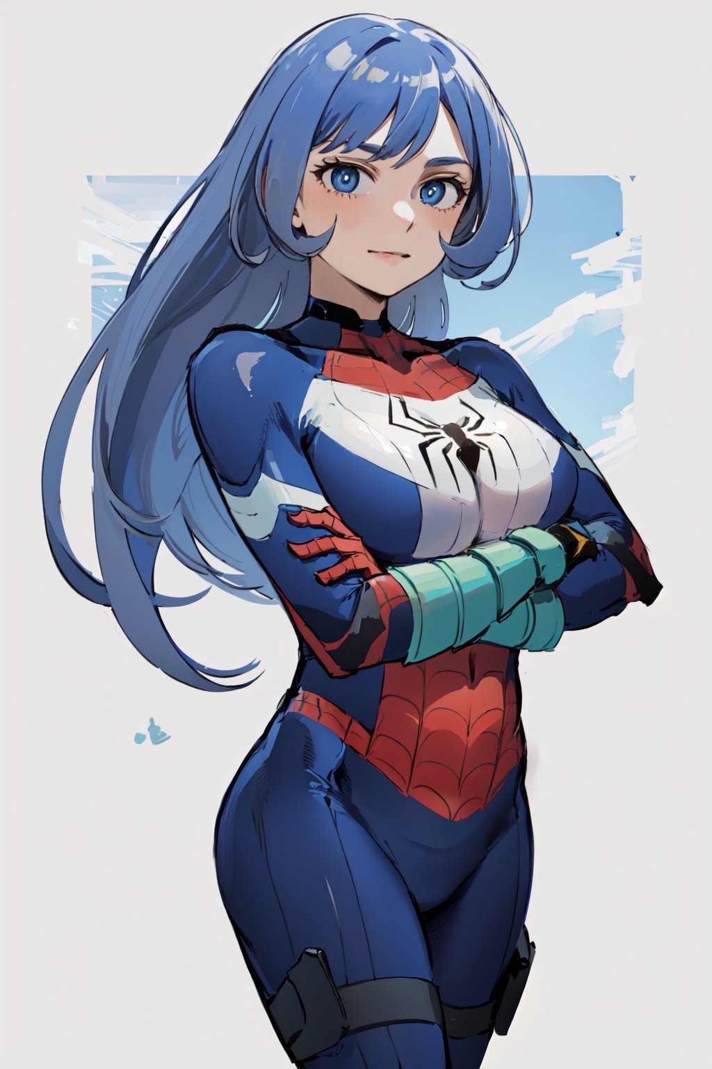 (masterpiece, best quality:1.2), , , cowboy shot, solo, 1girl, Happy, closed mouth, looking at viewer, crossed arms, blue hair, blue eyes, spider suit, bodysuit, spider web print, spider web,Nejire Hado