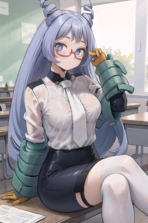 (masterpiece), 1girl, blue hair, blue eyes, medium breasts, office lady, white shirt, purple necktie, pencil skirt, between breasts, semi-rimless eyewear, red-framed eyewear, adjusting eyewear, sitting, classroom, ,Nejire Hado,High detailed 