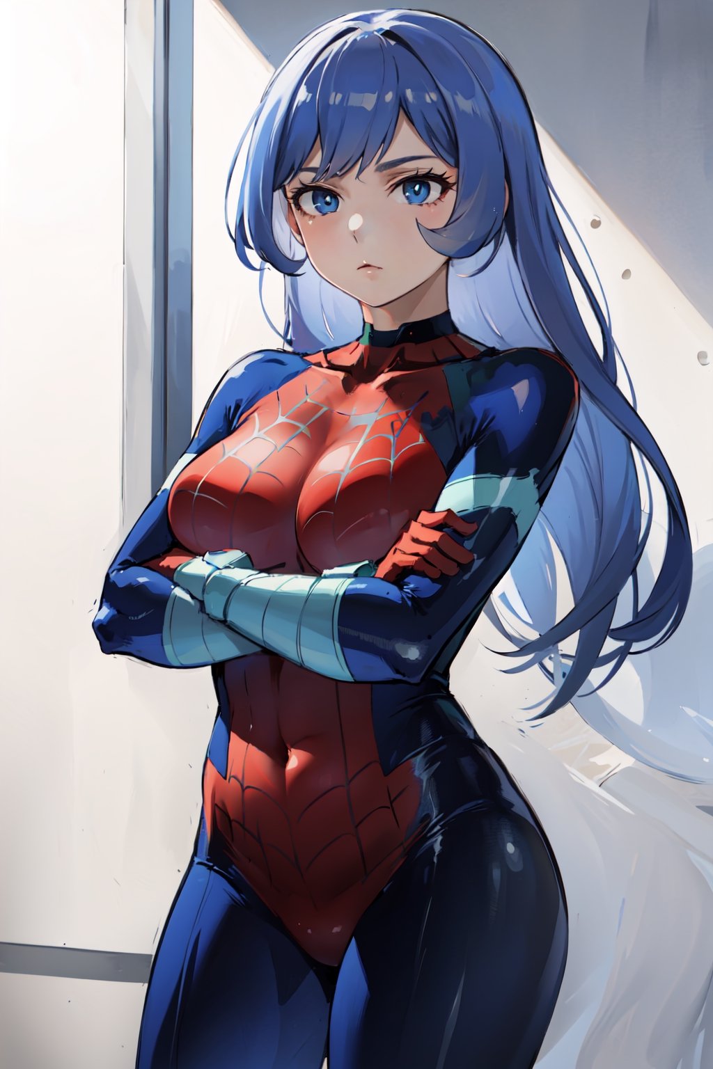 (masterpiece, best quality:1.2), , , cowboy shot, solo, 1girl, expressionless, closed mouth, looking at viewer, crossed arms, blue hair, blue eyes, spider suit, bodysuit, spider web print, spider web,Nejire Hado