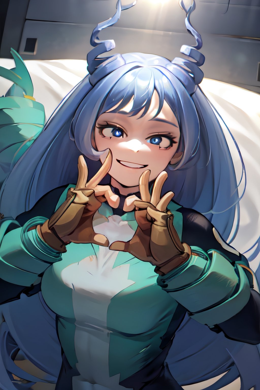 (heart hands, own hands together:1), (masterpiece:1.2), best quality, high resolution, unity 8k wallpaper, long hair, blue eyes,heart hands, smile,Nejire Hado