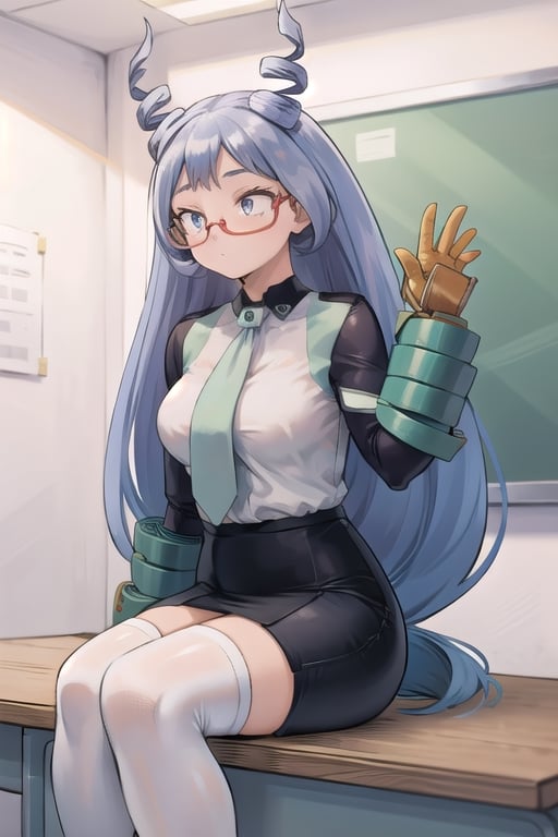 (masterpiece), 1girl, blue hair, blue eyes, medium breasts, office lady, white shirt, purple necktie, pencil skirt, between breasts, semi-rimless eyewear, red-framed eyewear, adjusting eyewear, sitting, classroom, ,Nejire Hado,High detailed 