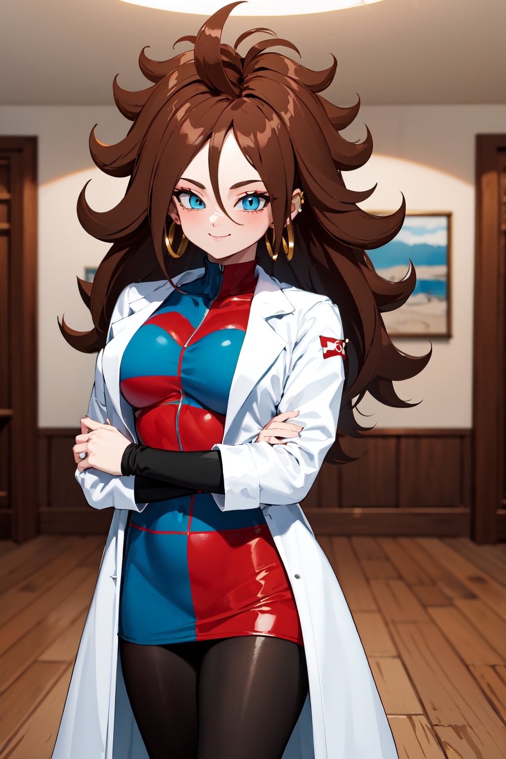 masterpiece, best quality, highres, aaandro, brown hair, long hair, curly hair, blue eyes, hoop earrings, two-tone dress, checkered dress, labcoat, long sleeves, black pantyhose, dragon ball, , indoors, standing, cowboy shot, smile, 