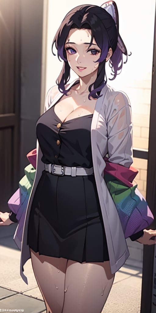 realistic, 1girl, ponytail, parted lips, makeup, light smile, black and purple hair, skirt, wet clothes, glow, thighs, purple eye, bare shoulders, collarbone, narrow waist, sunbeam, sunlight, rose, wind, cleavage, (masterpiece), sweat, shinobu kochou