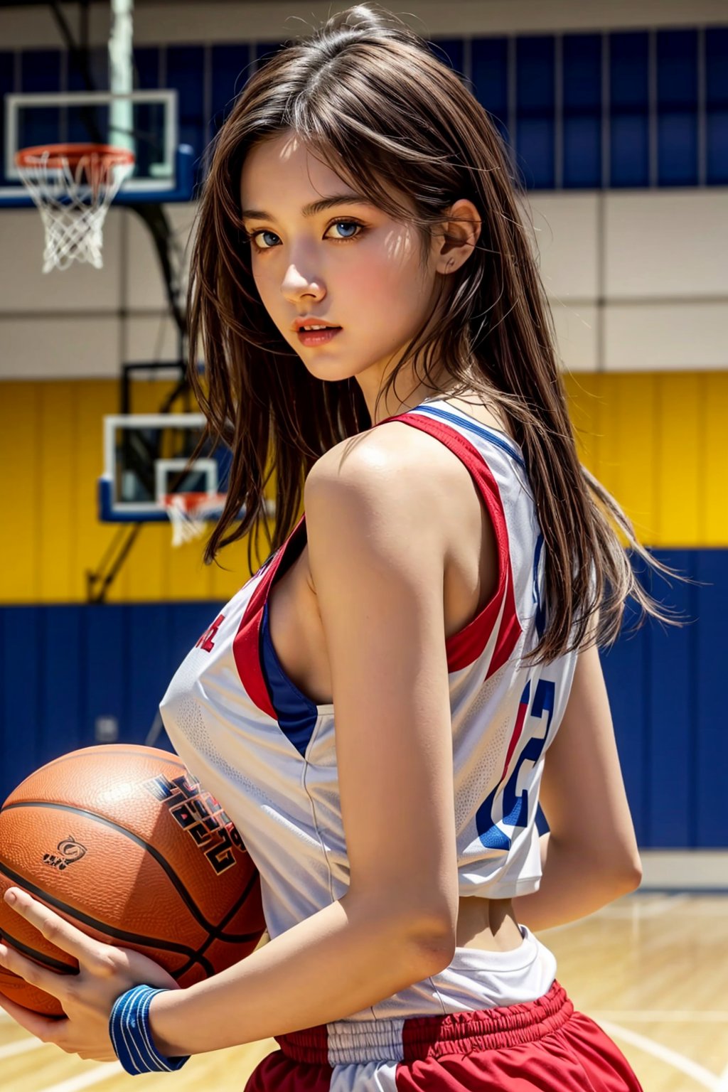 photorealistic:1.37, masterpiece, best quality, raw photo, absurdres, uhd, 1girl ,16 years old,huge breasts, cleavage, long hair, brown hair, seductive , erotic pose, basketball , sexy red and White basketball shirt, looking at viewer , cinematic-still, intricate detail, detailed background, detailed skin, pore, highres, hdr، half body shot, standing_up, basketball court, high school, blue eyes, back view 
