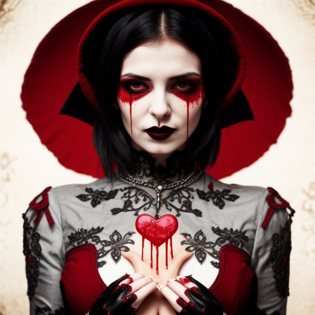 Gothic style female vampire standing holding a bloody heart


