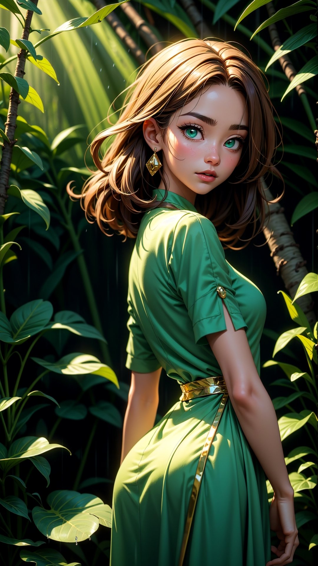 Cowboy shot, androgynous hunnuman, oval jaw, delicate features, beautiful face, dreadlocked hair, long bangs, brown hair, bright blue-green eyes, green dress, gold attire, gold, light ray, Ray tracing, sun ray, forest, rain forest, water fall, Korean