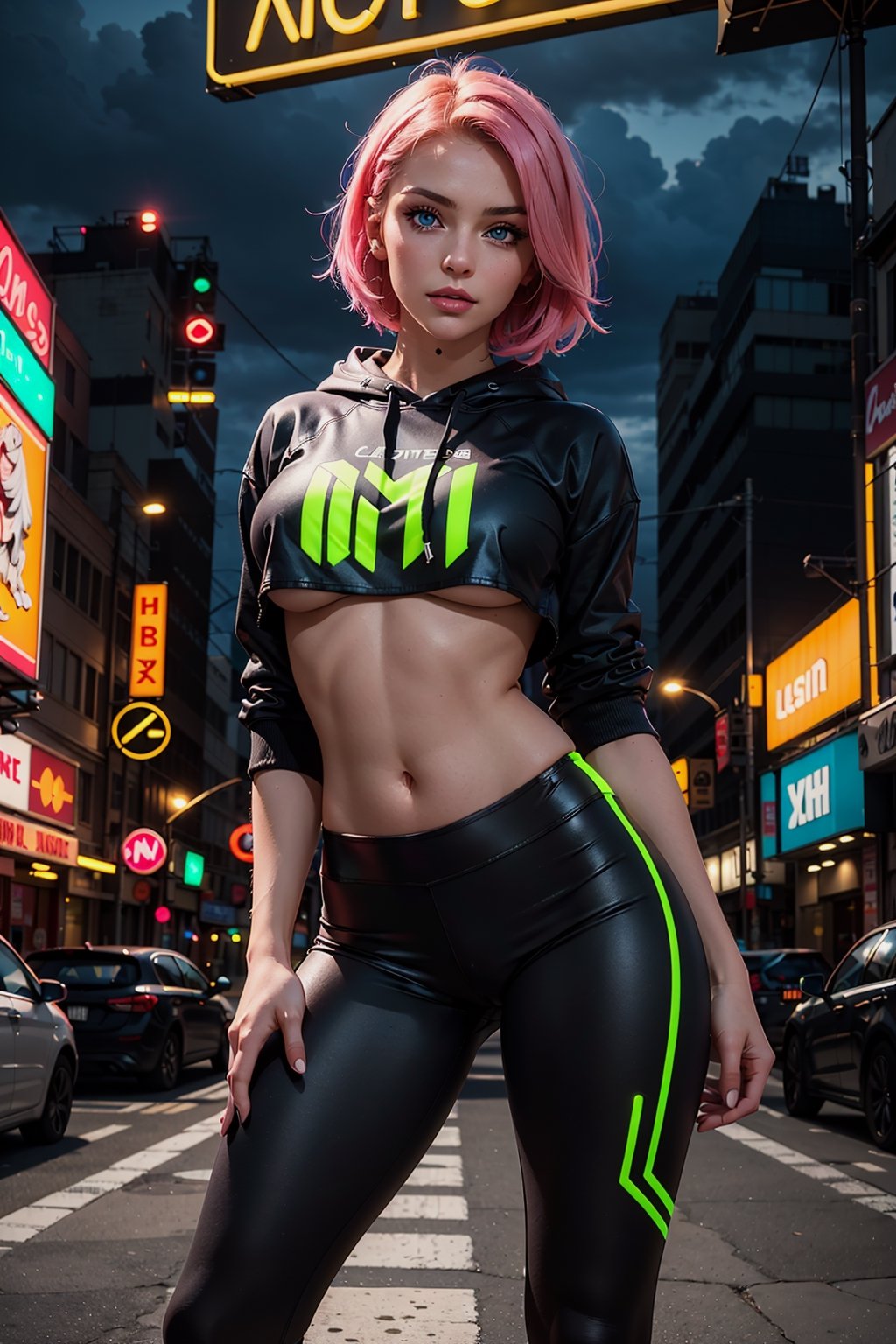 1 girl, beautiful face, perfect blue eyes, sparks, (cropped hoodie, crop top, leggings:1.1), (female hair made of neon:1.5), (short thin hair made of neon strands flowing down the body), (detailed eyes, detailed face:1.2), (gigantic breasts:1.2), midriff, skinny, large hip, (sexy pose, dynamic pose), (strip club), ultra high resolution, 8k, HDR, art, high detail,