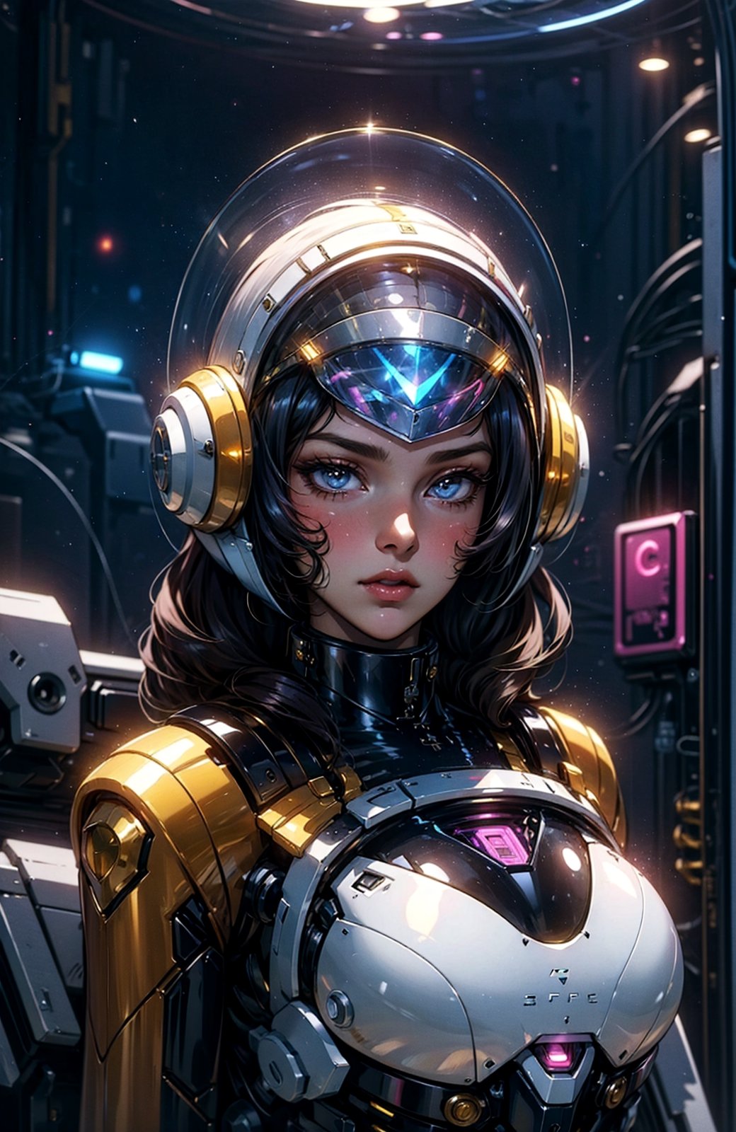 a girl, thunder yellow jacket, tight suit,Space helm of the 1960s,and the anime series G Force of the 1980s,Darf Punk wlop glossy skin, ultrarealistic sweet girl, space helm 60s, holographic, holographic texture, the style of wlop, space, 