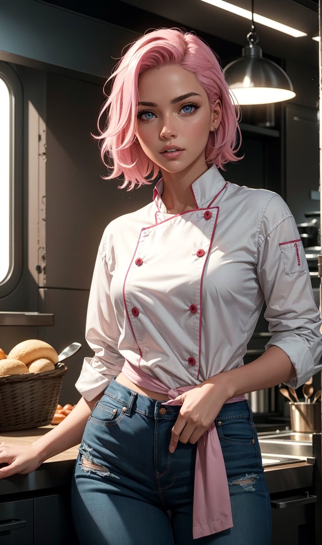 woman, solo, chef, pink hair, light pink eyes, detailed face, 
([Elizabeth Banks|Adriana Lima|Salma Hayek]:0.85),  (thepit style, uodenim style, stanleylau style:0.9), 
masterpiece, professional, high quality, beautiful, amazing, sci-fi, ConceptArtWorld, 
chanchanko, Steve Dillon, Jean Giraud, photoshoot, 4k, realistic, detailed background, aspiring, real life,
