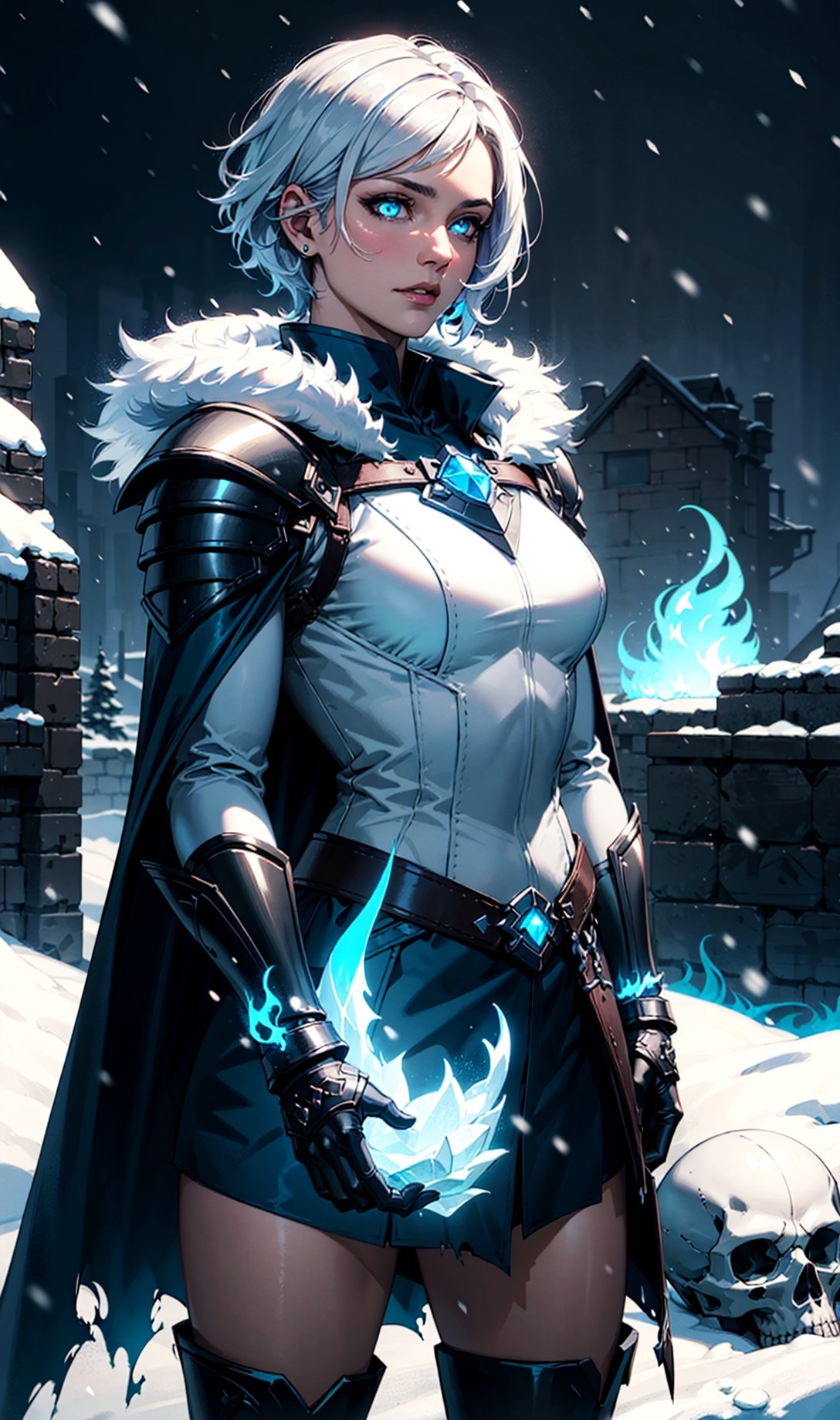 1girl, cowboy shot of wowdk, glowing blue eyes, skull armor, fur trim, pauldrons, torn cape, short white hair, blue fire, snow, ice, night, citadel, athletic, volumetric lighting, best quality, masterpiece,