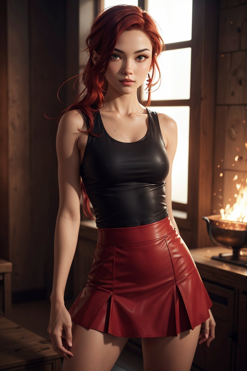 modern firebender with long black and red hair. Short skirt, leather tank top