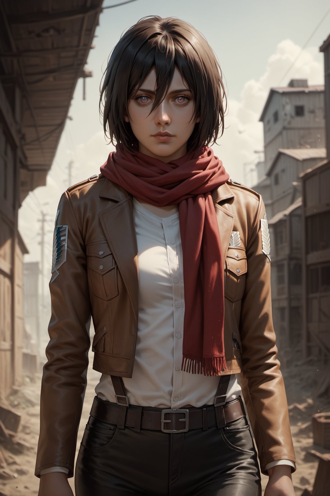 score_9, score_8_up, score_7_up, 1girl, young woman, Cowboy shot of mikasa ackerman, mature woman, medium hair, red scarf, adjusting scarf. shingeki no kyojin, detailed eyes. apocalyptic background.