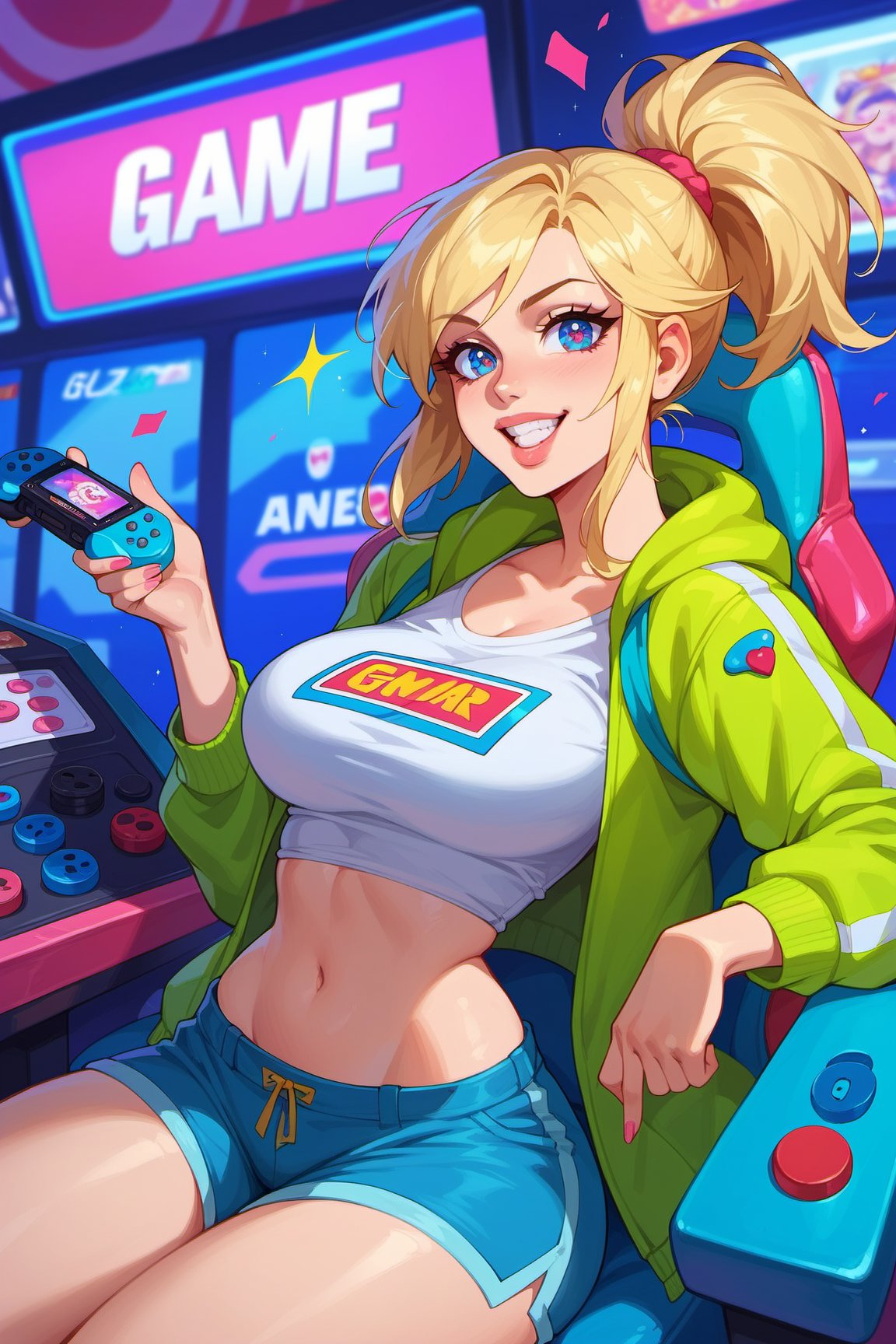 score_9, score_8_up, score_7_up, 1girl, solo, blonde, ponytail, headphone, gamer girl. pretty girl, long hair, huge tits, tits bursting out of her top, narrow waist, curvy hip. 1980s hairstyle and clothes. Bashful. Arcade, detailed eyes, bright teeth, full lips