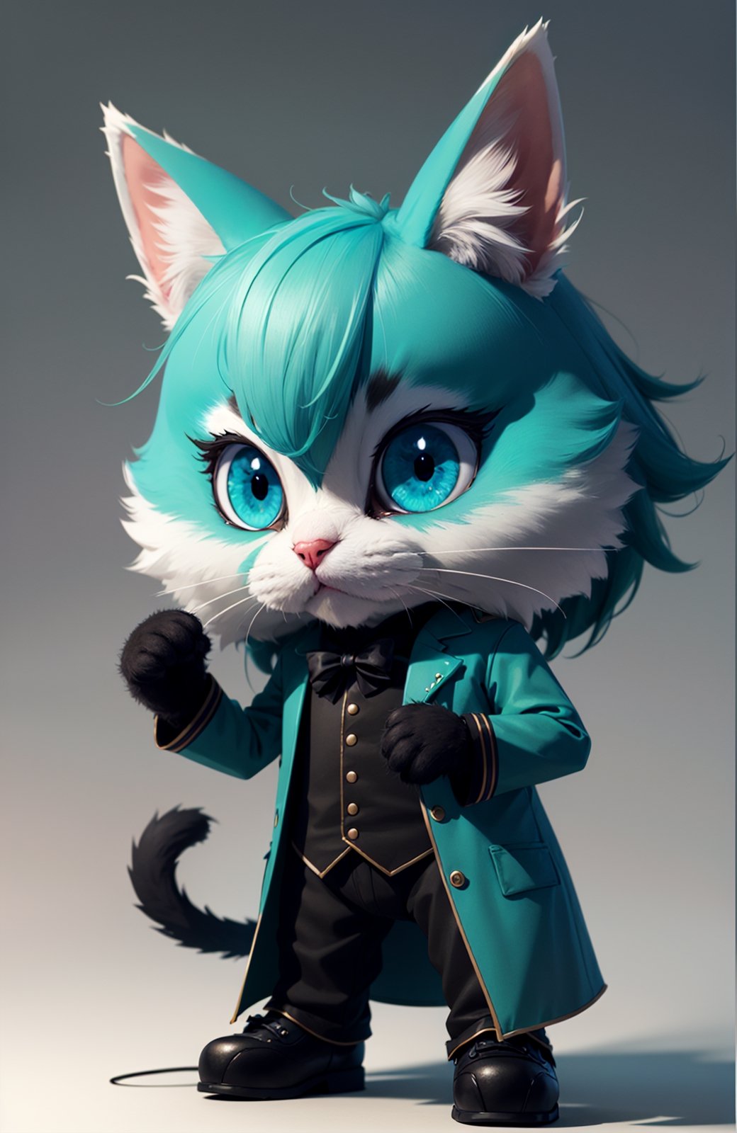 a 3d render of a game character, a cute small (chibi:0.8) anthropomorphic cat, crown, teal, fluffy, cg, colonial suit, unity render, cat eyes, large eyes, blender, octane render, hyper detail, hyper focus, simple background, gradient background, high performance, high poly count, extreme quality, uhd, 8k, aaa, (neon highlights), steampunk