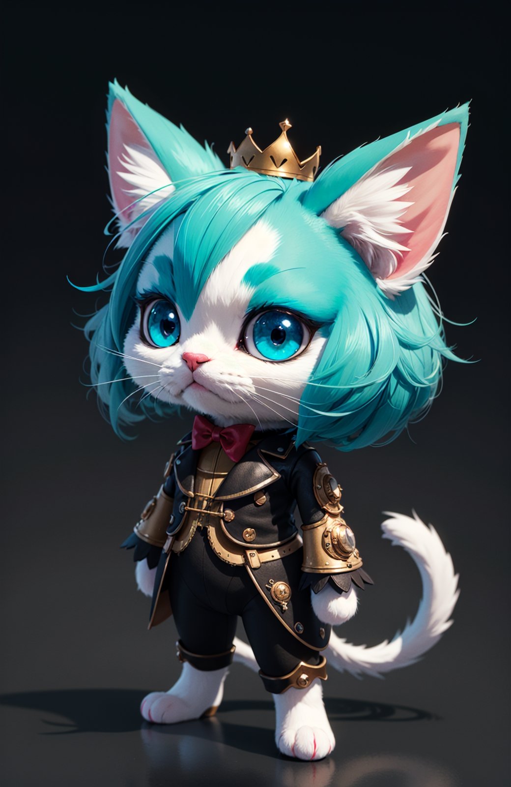 a 3d render of a game character, a cute small (chibi:0.8) anthropomorphic cat, crown, teal, fluffy, cg, colonial suit, unity render, cat eyes, large eyes, blender, octane render, hyper detail, hyper focus, simple background, gradient background, high performance, high poly count, extreme quality, uhd, 8k, aaa, (neon highlights), steampunk