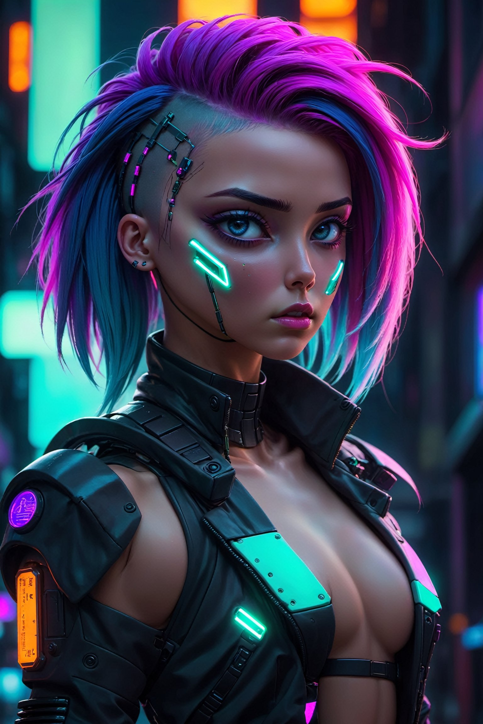 1girl, futuristic, Neon, cyberpunk, synthwave, cybernetic, look of severe determination, neon hair, woman, midnight