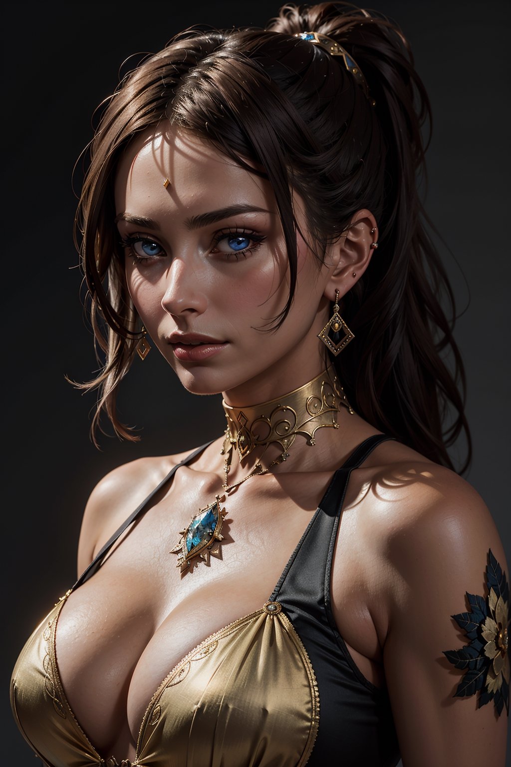 masterpiece, best quality, beautiful lighting, ultra detailed, hyperresolution
(dark theme:0.9), medieval upper body portrait of a woman sharp features, pointy ears, black hair, blue eyes, sophia loren, ponytail, dark skin, clevage, huge breasts, red lipstick, earrings, grim, cold stare, dark colors, Volumetric lighting, Alphonse Mucha dynamic lighting hyperdetailed intricately detailed, (hdr:1.22), muted colors, complex background, hyperrealism, hyperdetailed, amandine van ray