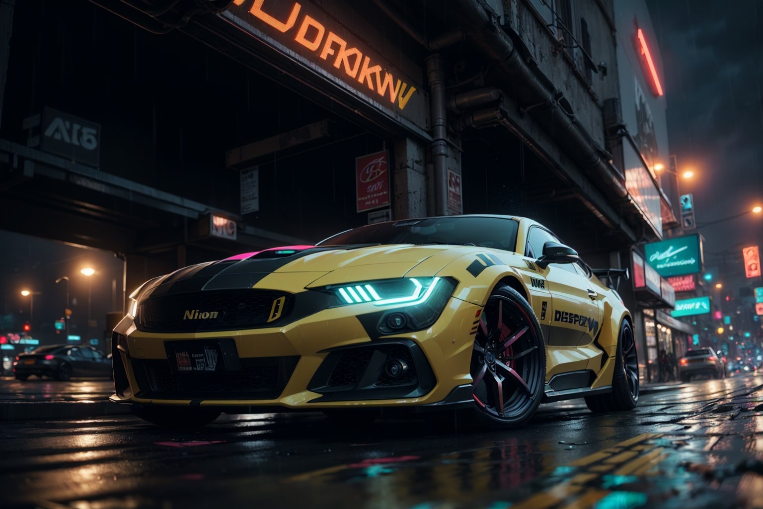 (detailed cyberpunk 2300 car background, futuristic concept cars, cyberpunk, modified car), detailed raining, neon headlight, volumetric light, rich colors, neon lighting, night, midnight, fine detail, absurdres, extremely detailed, depth of field, ((realistic lighting)) ultra highres, (masterpiece:1.2), (ultra detailed), (best quality), intricate, comprehensive cinematic, magical photography, (gradients), colorful, nikon d850 film stock photograph kodak portra 400 camera f1.6 lens rich colors hyper realistic lifelike texture dramatic lighting unrealengine trending on artstation cinestill 800 tungsten, Style-Neeko