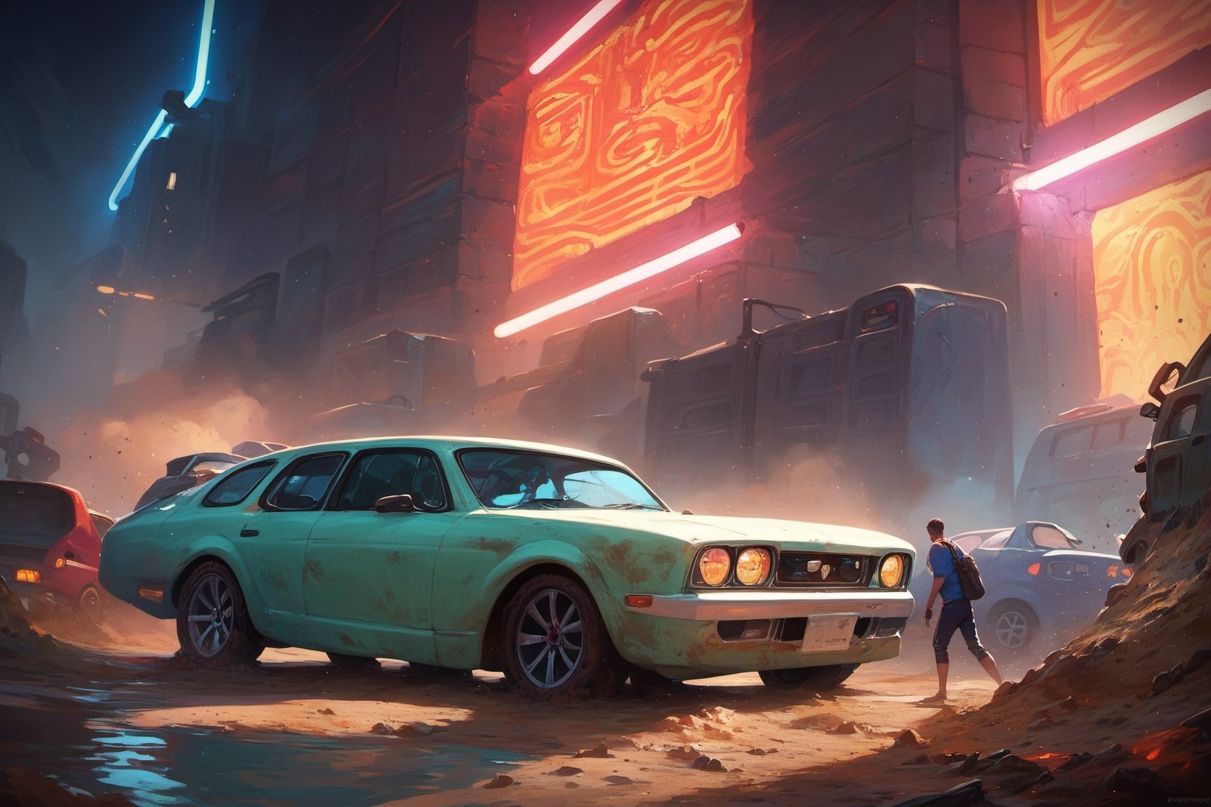 score_9, score_8_up, score_7_up, Masterpiece, best quality, absurdres, apocalypse car, sports car, vehicle focus, no humans, car, glowing neon, water, dirt, high_resolution, realistic ,KA