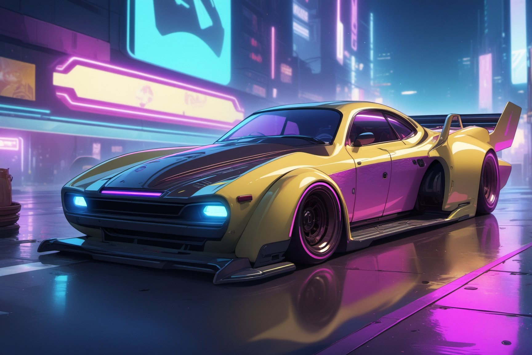 Cyberpunk, neon lights, dragster car, cyberpunk car, night, detailed background

masterpiece, best quality, ultra-detailed, very aesthetic, illustration, perfect composition, intricate details, absurdres, no humans,