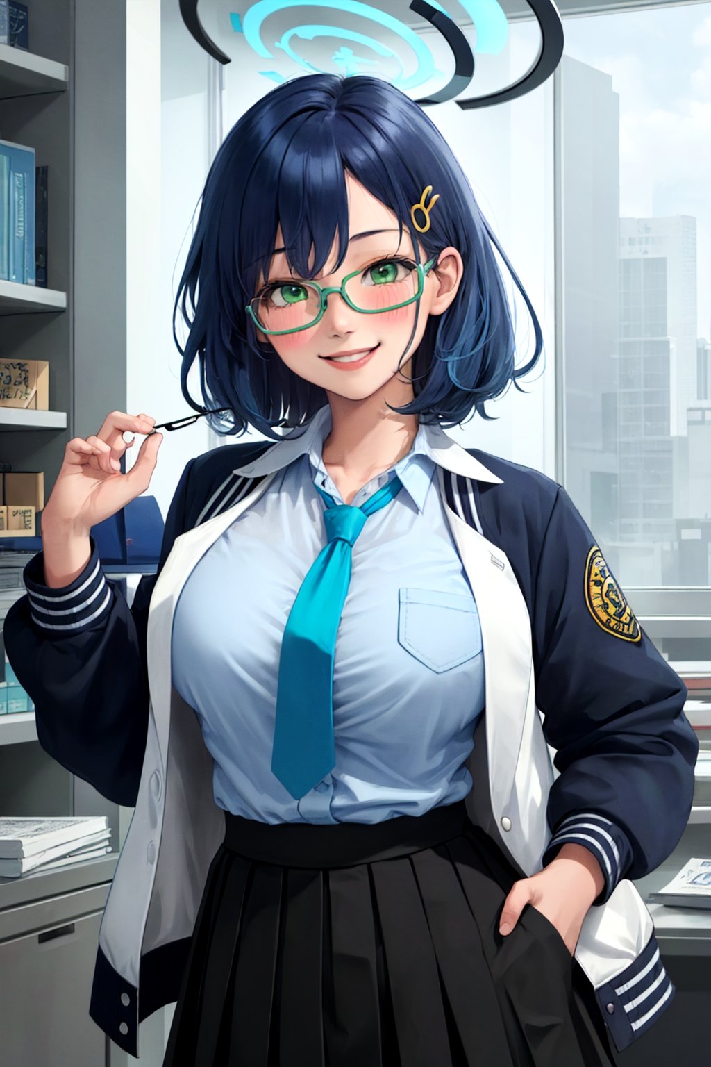 masterpiece, best quality,chihiro\(blue archive\), 1girl, solo, large breast,blue hair, smile, happy , blush,halo,school uniform,jacket, shirt unbuttoned, necktie,white shirt, blue shirt,bang, green eyes, glasses,looking at viewer, skirt, hairpin,cowboy shot,upper body ,hands inside pocket