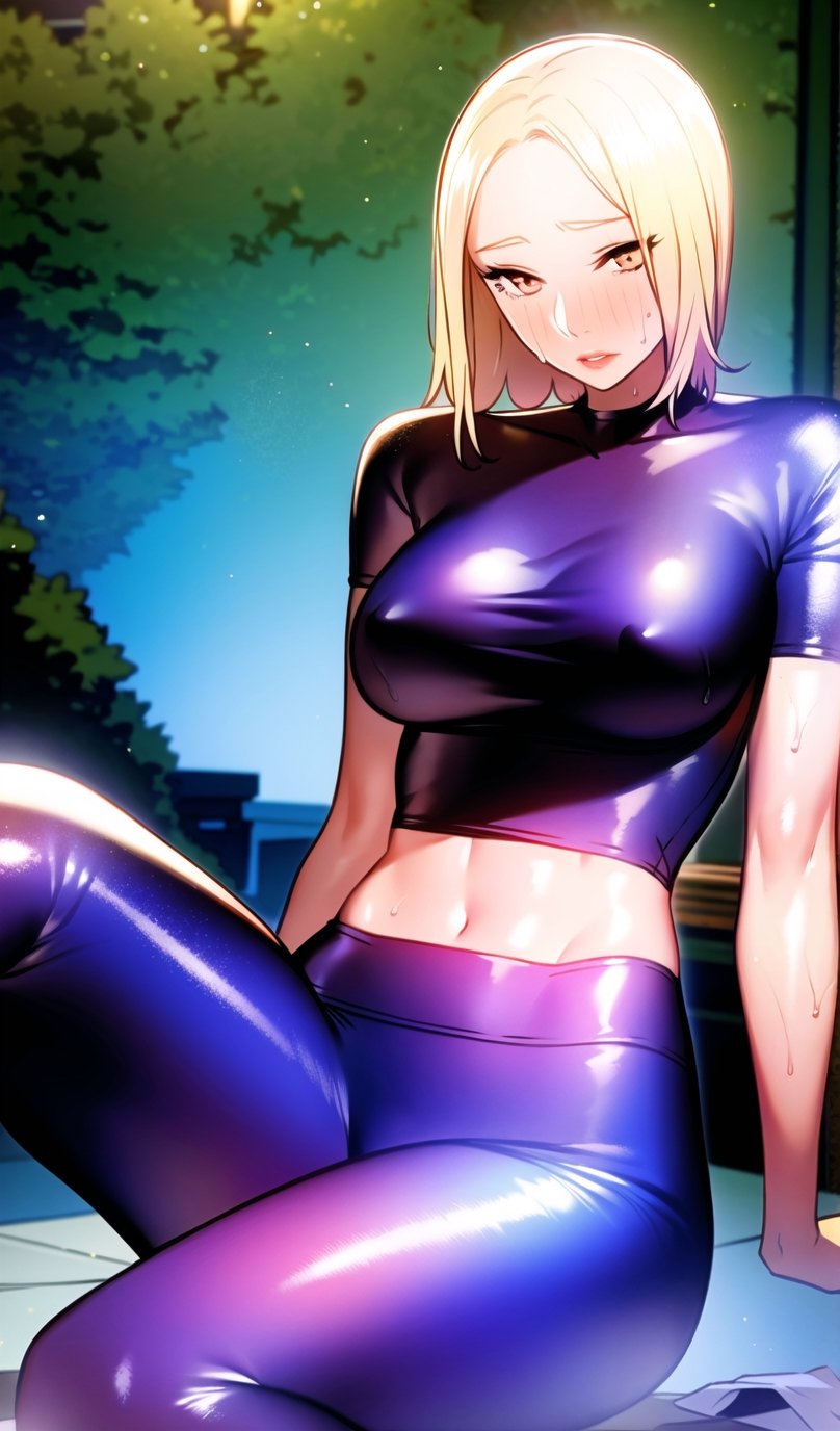 masterpiece, beautiful detailed, finely detailed, (1girl:1.3), solo, beautiful, 17yo, blonde, medium hair, leggings, crop top, wet, blush,(medium breast:1.3), hodopoKA