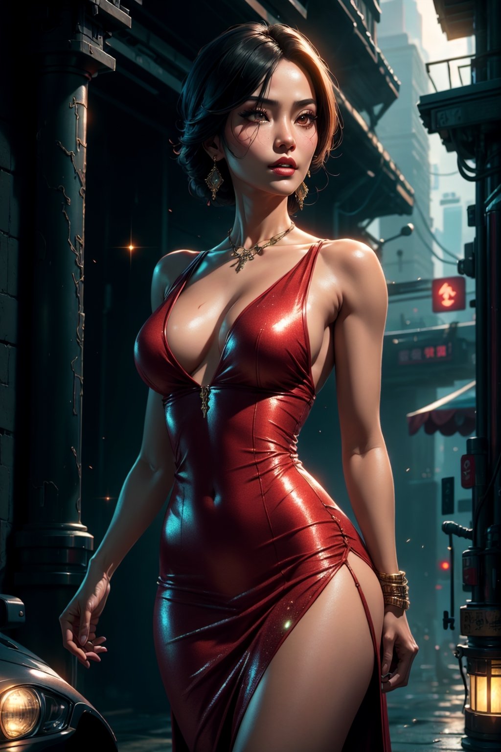 cowboy shot of Ada wong, chinese women, asian women, beautiful face, detailed face, side view, resident evil, red sheat dress, long v-neck, dress slit, thigh slit, zombie apocalypse background, 
High detailed, BiophyllTech,glitter, DonMDj1nnM4g1cXL ,potcoll, DonMBl00mingF41ryXL 