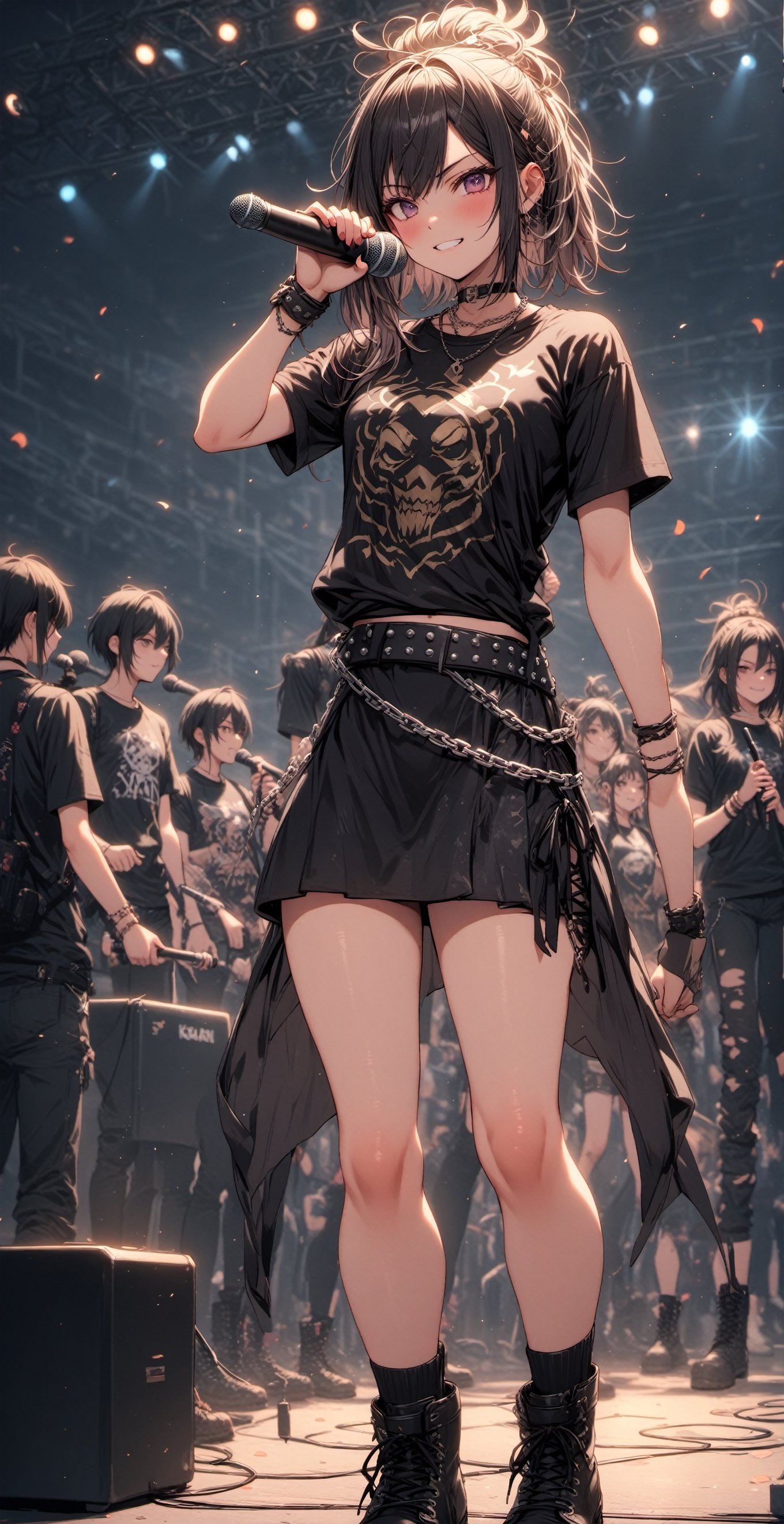 Masterpiece,best quality,
1girl, 18yo, Cute face, akali costume, chromatic dress, black band t-shirt, combat boots, studded belt with chain, microphone,KA