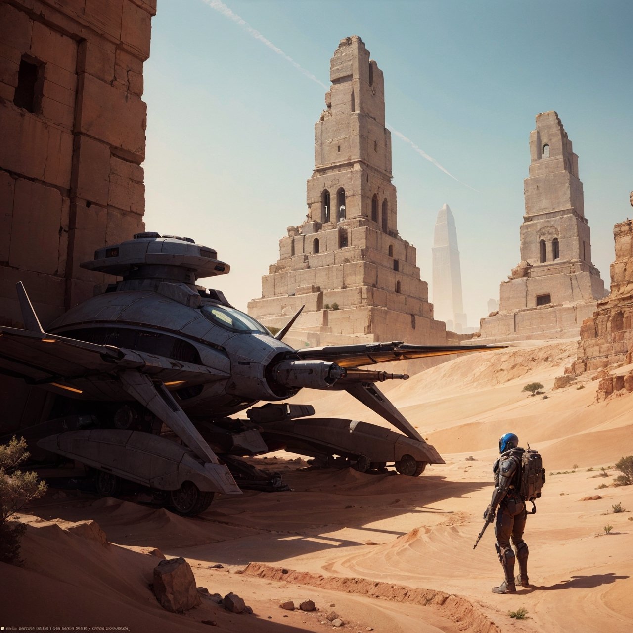 alien desert surface, landscape, graphical design, alien tech, ancient egypt,huge spaceship, sci fi film, cinematic filter 