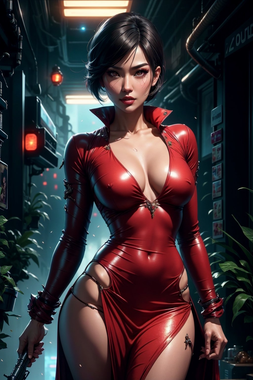 cowboy shot of Ada wong, chinese women, asian women, beautiful face, detailed face, side view, resident evil, red sheat dress, long v-neck, dress slit, thigh slit, zombie apocalypse background, 
High detailed, BiophyllTech,glitter, DonMDj1nnM4g1cXL ,potcoll, DonMBl00mingF41ryXL 