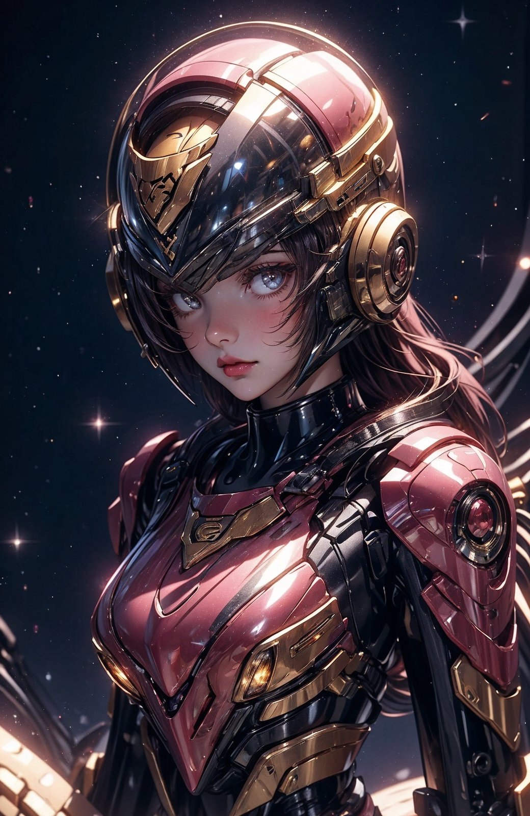 a girl, thunder yellow jacket, tight suit,Space helm of the 1960s,and the anime series G Force of the 1980s,Darf Punk wlop glossy skin, ultrarealistic sweet girl, space helm 60s, holographic, holographic texture, the style of wlop, space, 