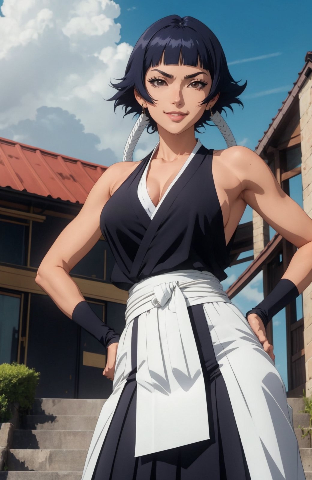 ( anime screencap:1.1),outdoors, 
1girl, solo, black hair, sideboob,standing, short hair with long locks, hip vent, short hair, big breasts, huge hips, (brown eyes:1.1),black hakama, no bra, gloves, hakama skirt,low twin braids,sash,cowboy shot, facing viewer, looking at viewer, smirk,from below, hands on hips,
,High detailed 