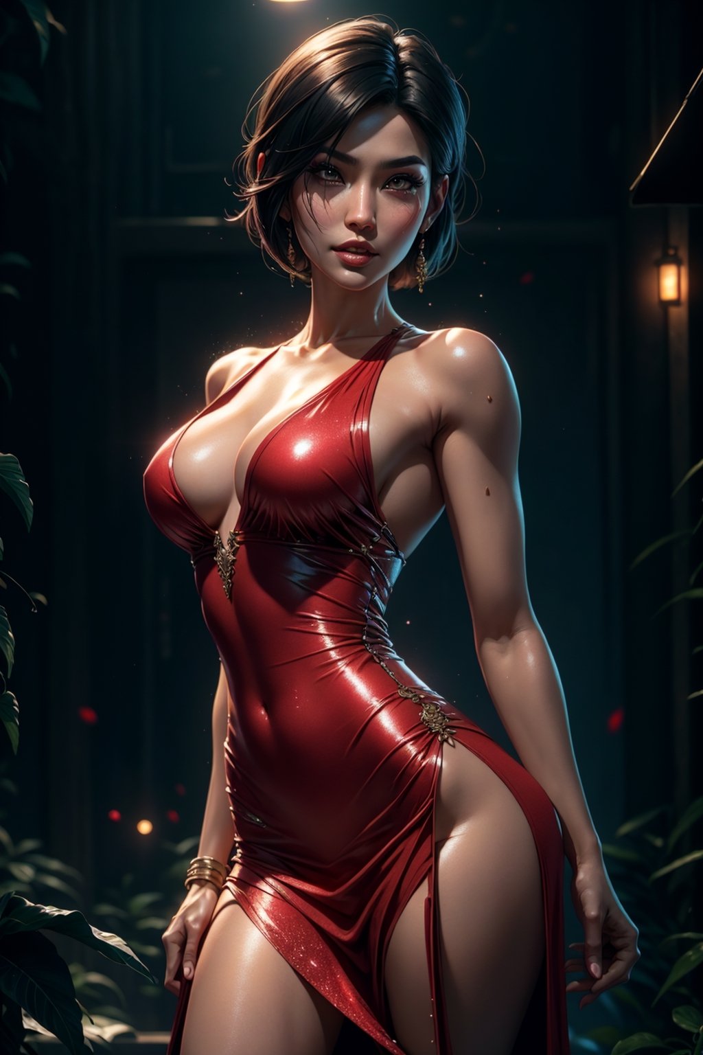 cowboy shot of Ada wong, chinese women, asian women, beautiful face, detailed face, side view, resident evil, red sheat dress, long v-neck, dress slit, thigh slit, zombie apocalypse background, 
High detailed, BiophyllTech,glitter, DonMDj1nnM4g1cXL ,potcoll, DonMBl00mingF41ryXL 