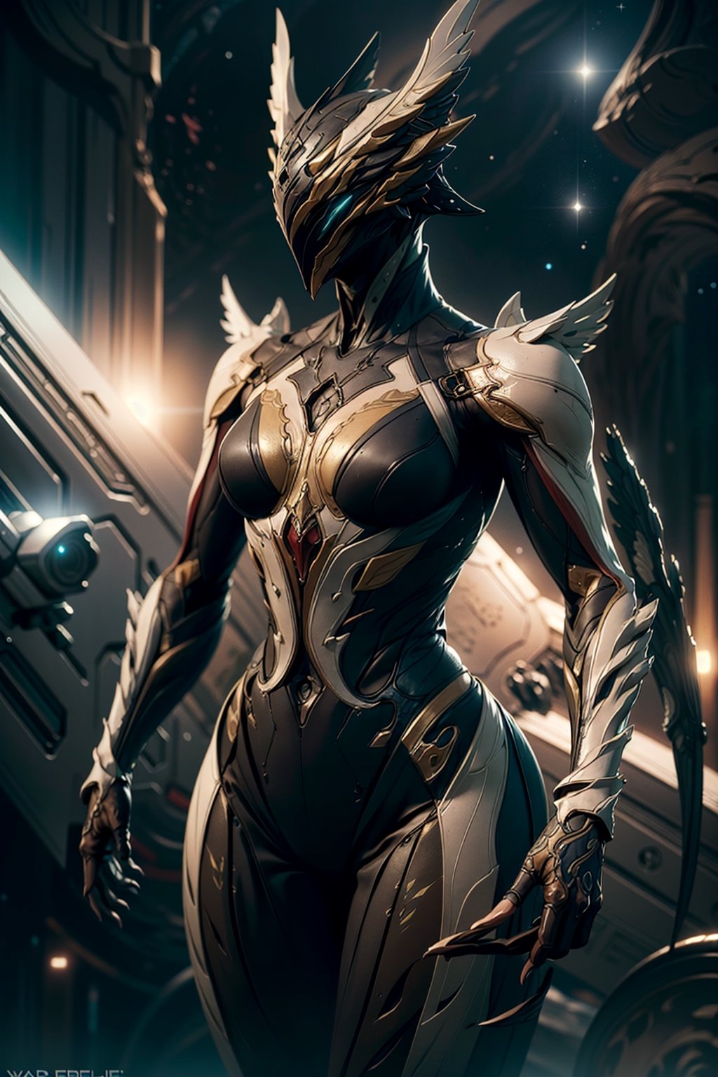 (garuda:1.3), warframe, helmet, cowboy shot, medium breasts, upper body, standing, solo, 
space ship, stars,  
(insanely detailed, masterpiece, best quality),Warframe