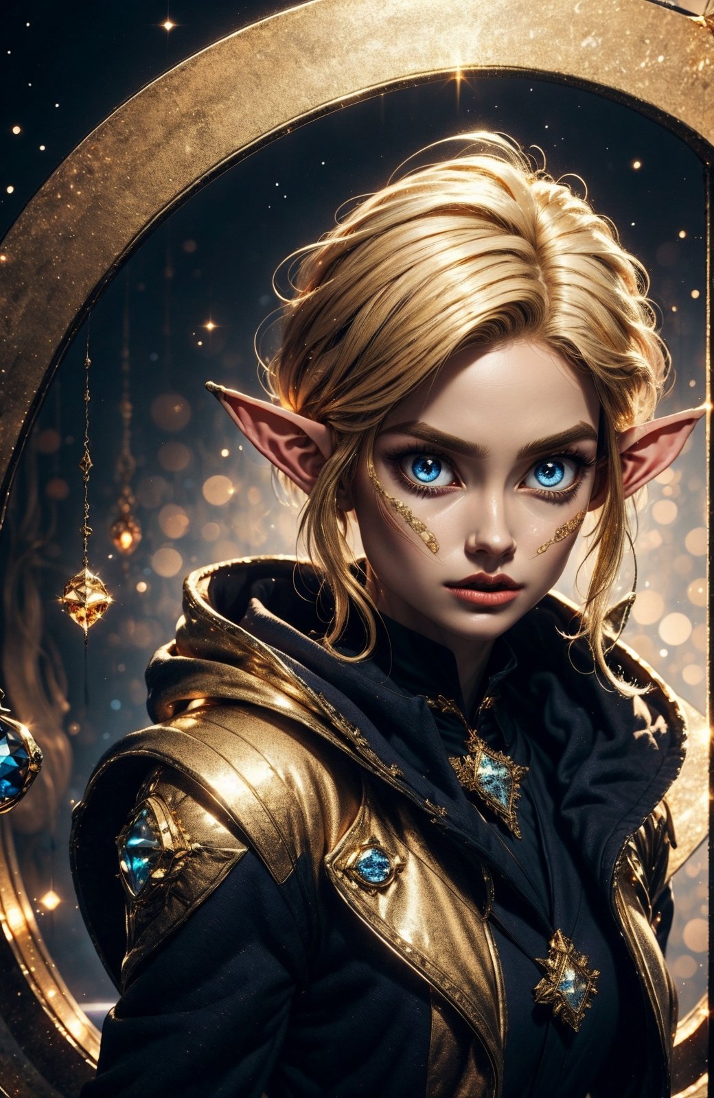 1girl, solo, Dark, Blue eyes, evil, golden, shiny, gold hair,High detailed ,midjourney,perfecteyes, big eyes, diamond, gems, elf, gold coat,
Masterpiece, high resolution, ultra detailed, good quality,orcaeffectKA