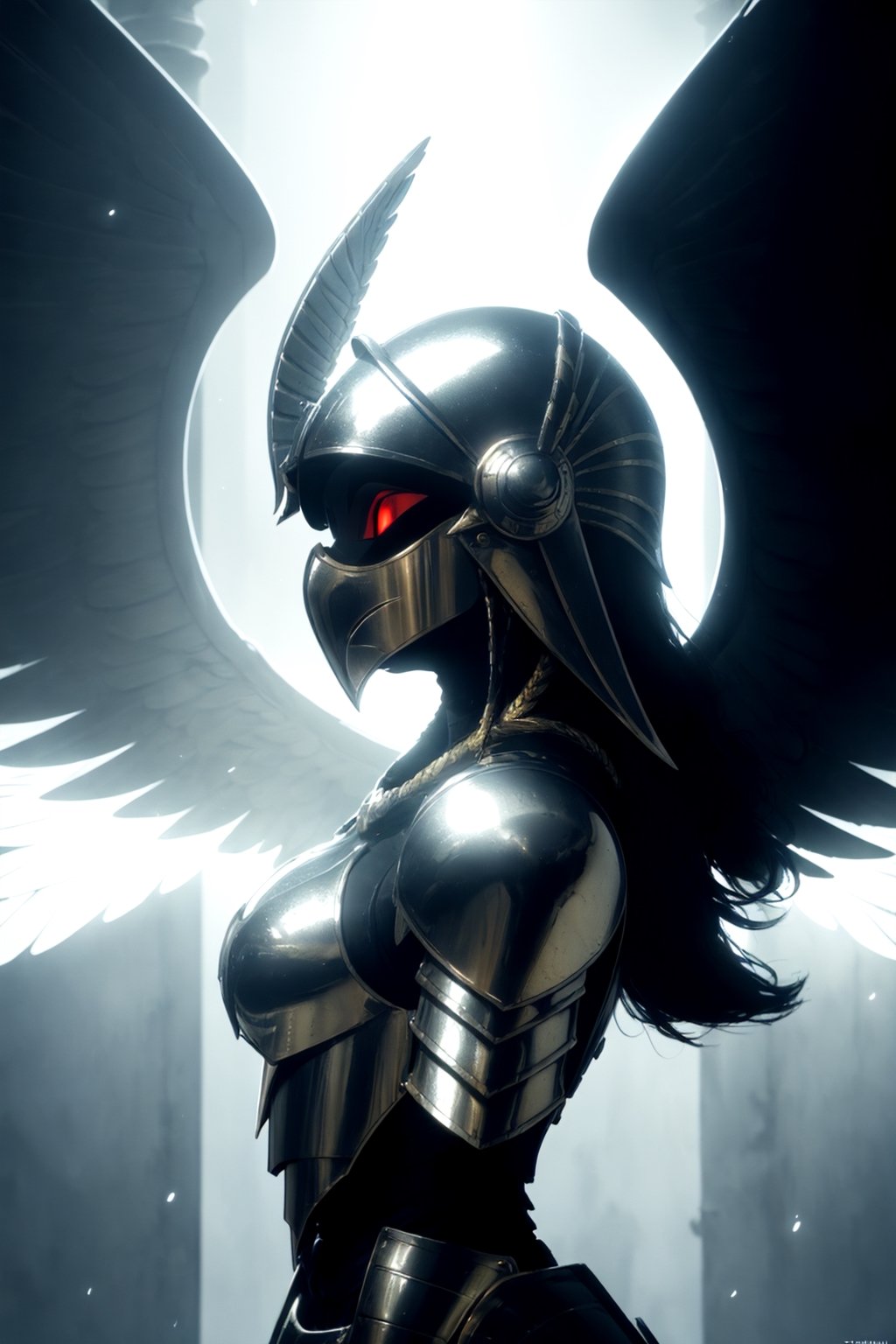 1girl, warrior of horus,(bird head shaped helmet, long beak)  futuristic Egypt, egyptian armor, stargate (attack, 45 degree view)
glowing armor, glowing eyes, wings
solo, dramatic lighting 
 high contrast, negative space
(art by Hubert de Givenchy Todd McFarlane	)
(masterpiece, best quality:1.3),