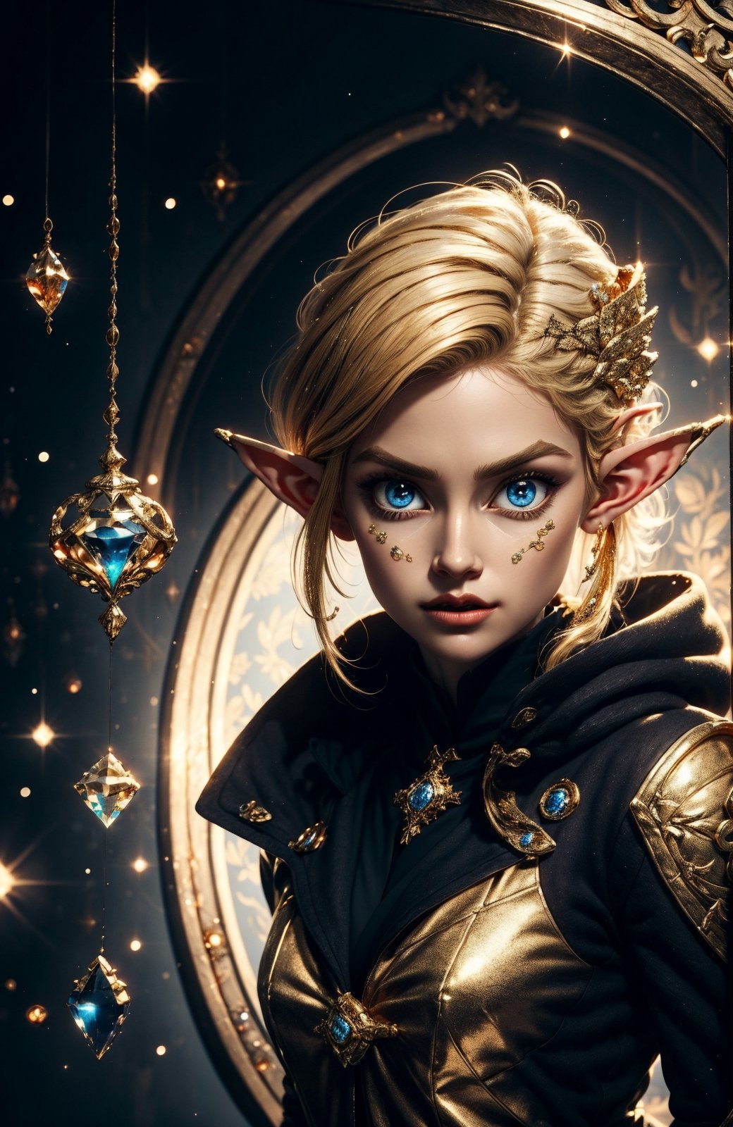 1girl, solo, Dark, Blue eyes, evil, golden, shiny, gold hair,High detailed ,midjourney,perfecteyes, big eyes, diamond, gems, elf, gold coat,
Masterpiece, high resolution, ultra detailed, good quality,orcaeffectKA