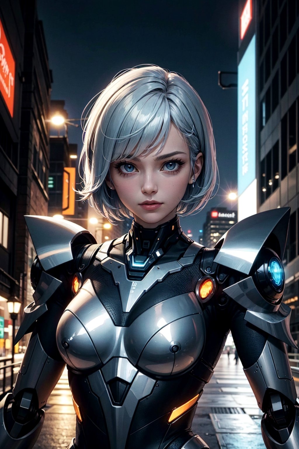 (masterpiece, best quality, ultra detailed), futuristic, science fiction, scenery,  1girl, short hair, asymmetrical_hair, upper body, multiple color hair, mecha Armor, sci-fi bodysuits, cybernetic, cyber City, night time, crime scene