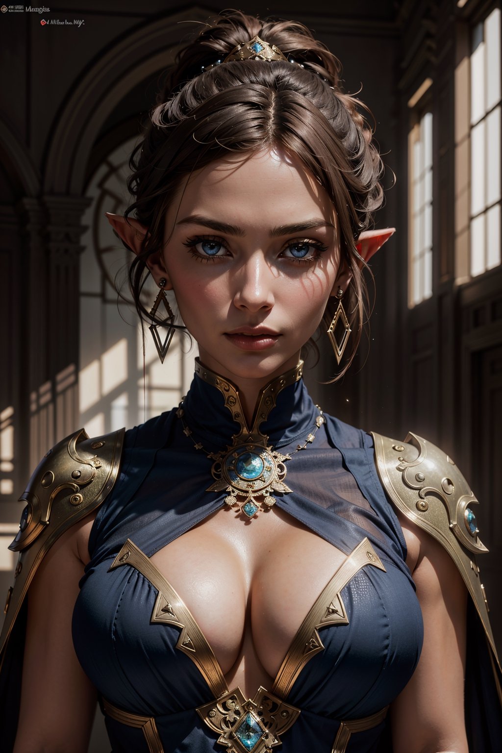 masterpiece, best quality, beautiful lighting, ultra detailed, hypery
(dark theme:0.9), medieval upper body portrait of a woman sharp features, pointy ears, black hair, blue eyes, sophia loren, ponytail, dark skin, clevage, huge breasts, red lipstick, earrings, grim, cold stare, dark colors, Volumetric lighting, Alphonse Mucha dynamic lighting hyperdetailed intricately detailed, (hdr:1.22), muted colors, complex background, hyperrealism, hyperdetailed, amandine van ray