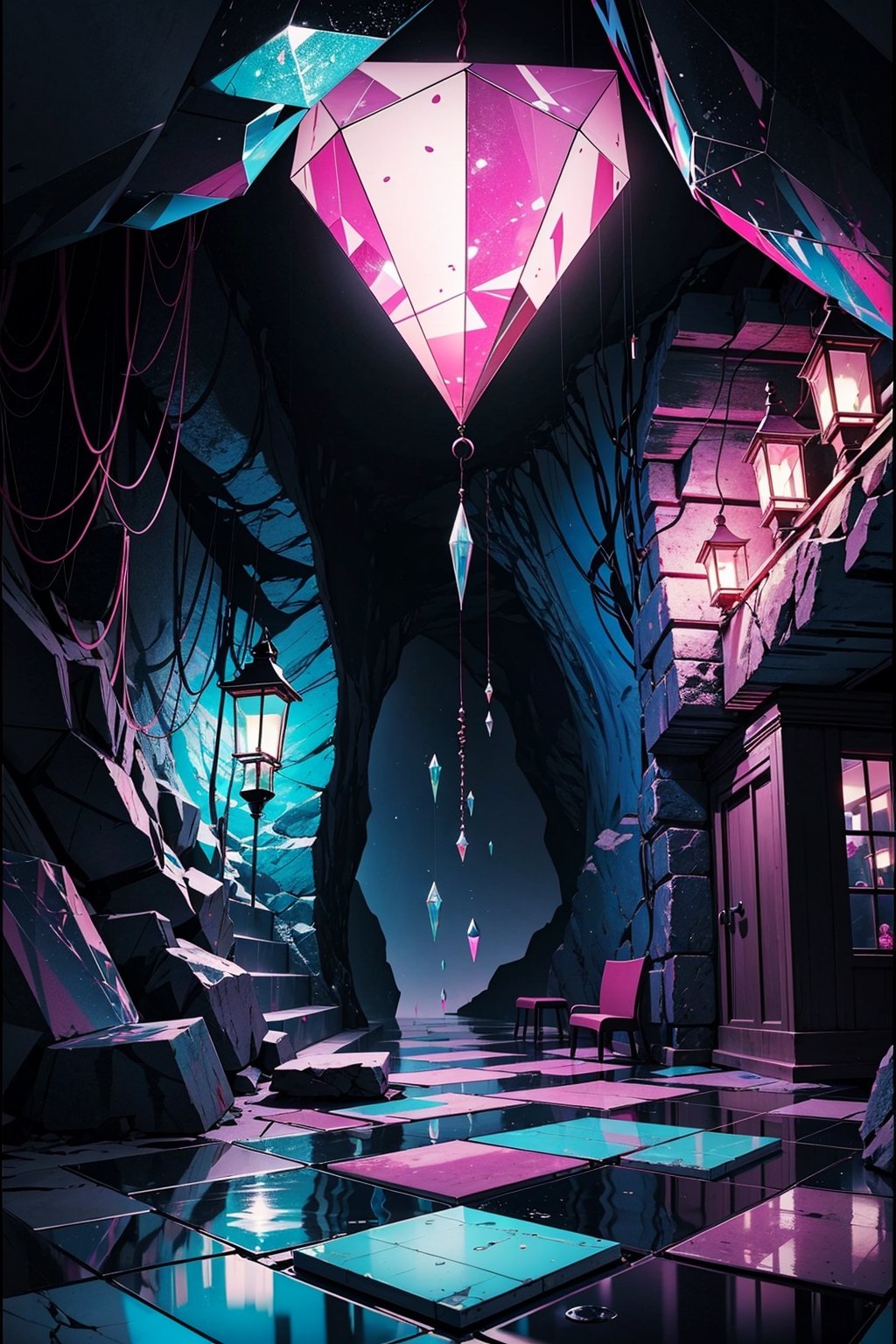  black border, blue light, border, cave, cave interior ,crystal,crystal shard, distortion, glitch, hanging lantern, landscape, lantern,limited palette, neon palette, no humans, pink gemstone, pink light, rock, wet floor