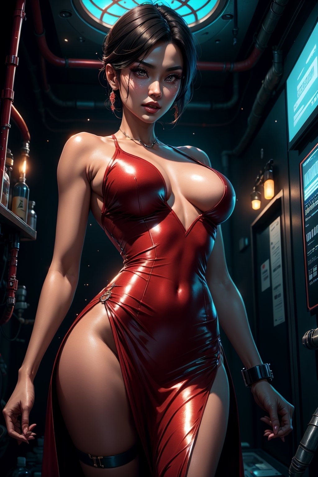 cowboy shot of Ada wong, chinese women, asian women, beautiful face, detailed face, side view, resident evil, red sheat dress, long v-neck, dress slit, thigh slit, zombie apocalypse background, 
High detailed, BiophyllTech,glitter, DonMDj1nnM4g1cXL ,potcoll, DonMBl00mingF41ryXL 