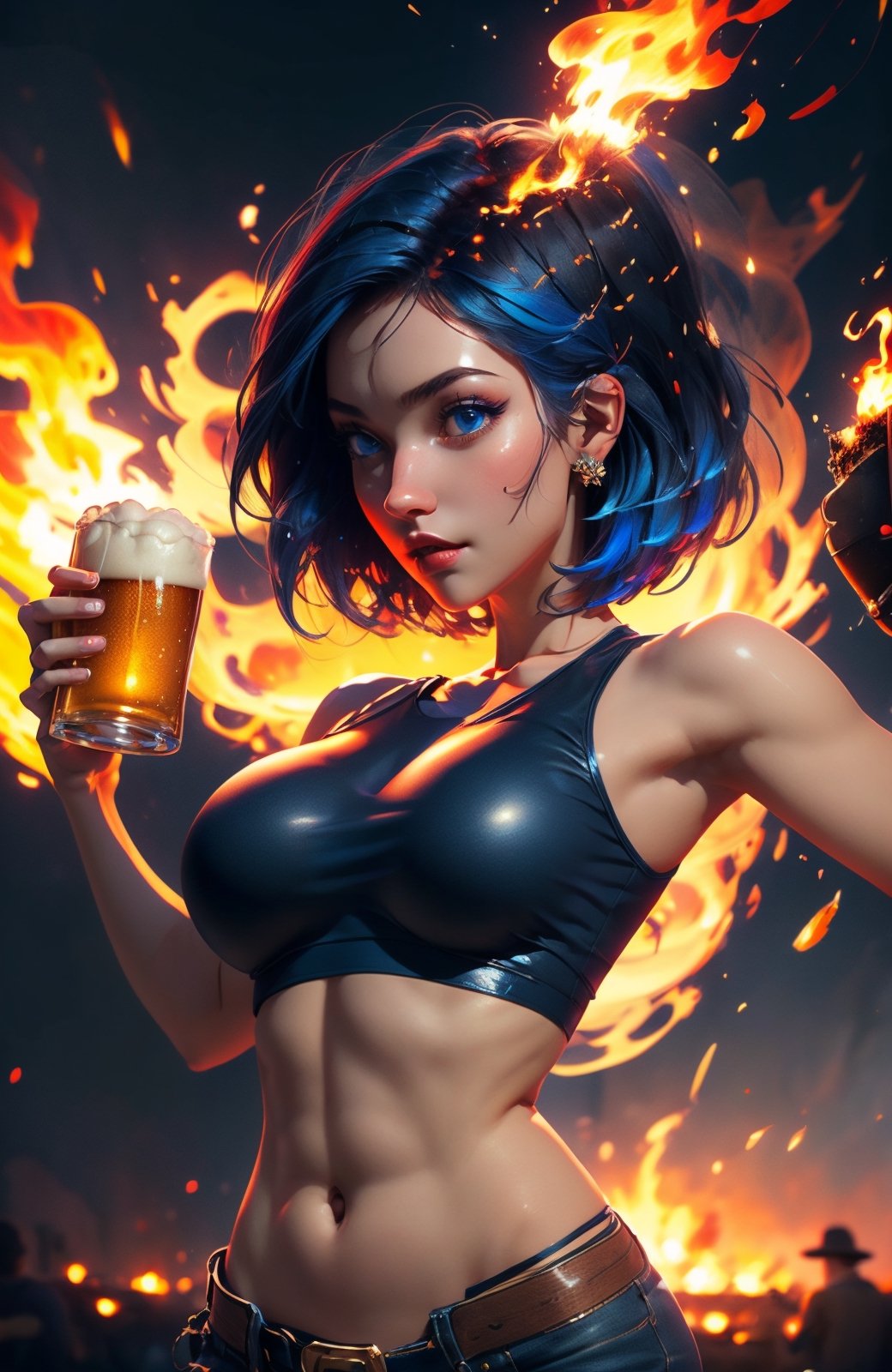 (Masterpiece:1.2), (high quality:1.2), (detailed:1.3) 1girl, beautiful face, large_breasts, crop_top, short short, multiple colour hair, blue eyes, night club, happy, drunk, beer, fire show, ( cowboy shot:1.1 ), High detailed 