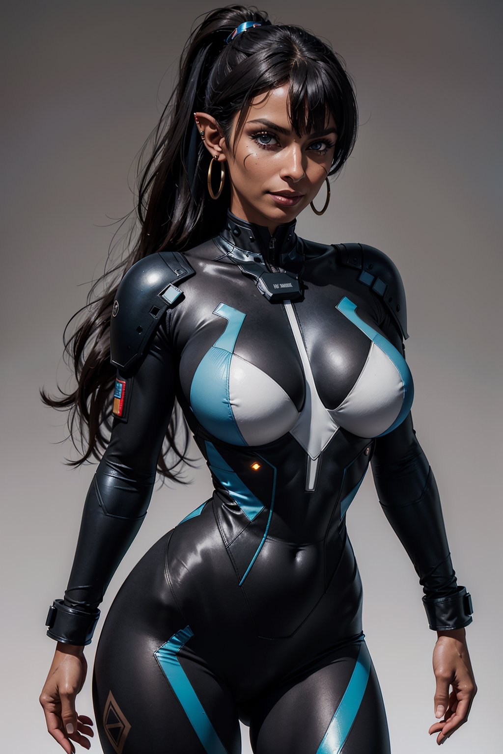 masterpiece, best quality, beautiful lighting, ultra detailed, hyperresolution 
1girl, sophia loren, mature woman, science fiction, (black hair, long hair, high ponytail, blunt bangs, pointy ears, blue eyes, earrings, evil smile, face mark, face tattoo), (military space pilot black plugsuit), (huge breasts:1.3, wide hips:1.2), (dark skin:1.5), abs, (muscular female:1.2), fight pose, (multiple views, full body, upper body, reference sheet:1), (simple background, white background), (masterpiece:1.2), (best quality, highest quality), (ultra detailed), (8k, 4k, intricate),(full-body-shot), (Cowboy-shot:1.4), (50mm), (highly detailed:1.2),(detailed face:1.2), detailed_eyes,(gradients),(ambient light:1.3),(cinematic composition:1.3),(HDR:1),Accent Lighting,extremely detailed,original, highres,(perfect_anatomy:1.2),